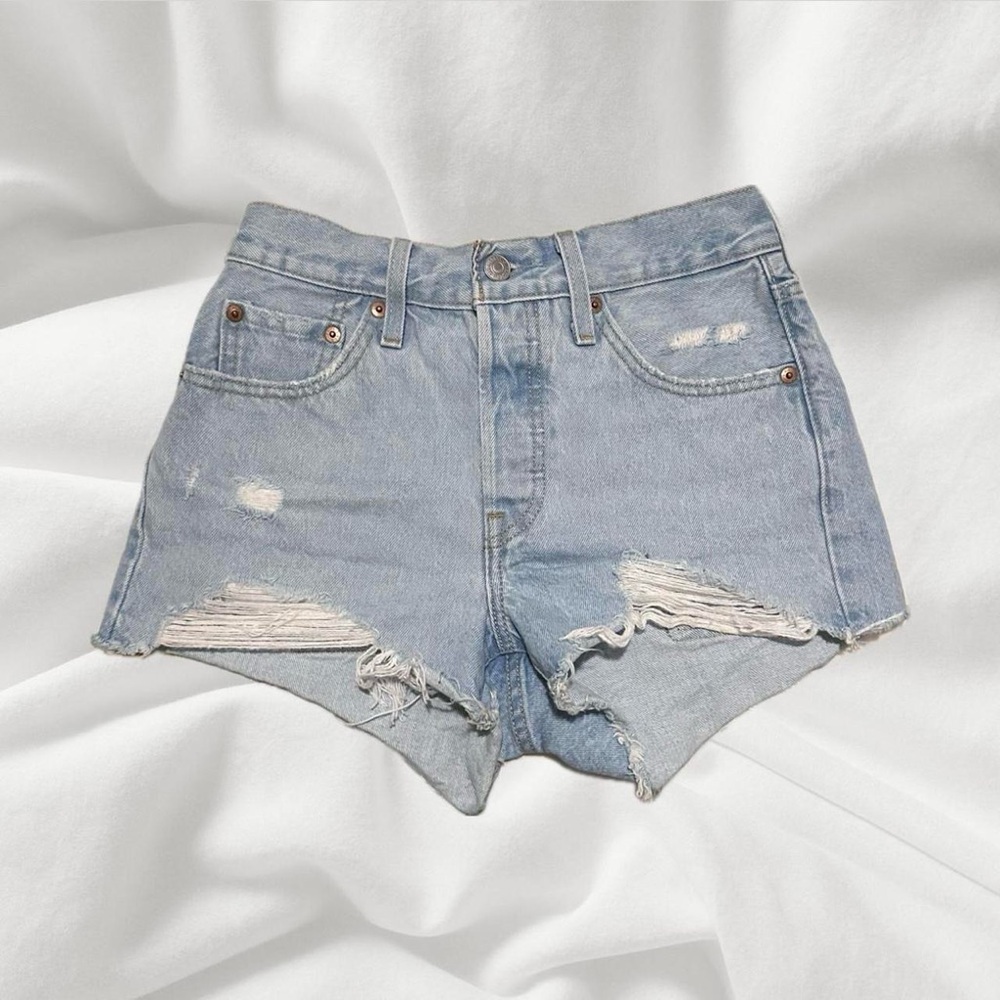 Distressed Light Blue Denim Shorts